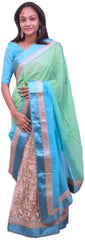 Turquoise & Cream Designer Georgette & Net Party Wear Hand Embroidery Zari Stone Sequence Dabka Thread Work Saree Sari