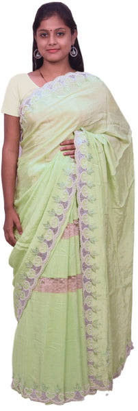 Green Designer Crepe (Chinon) Hand Embroidery Thread Stone Pearl Cutwork Border Saree Sari