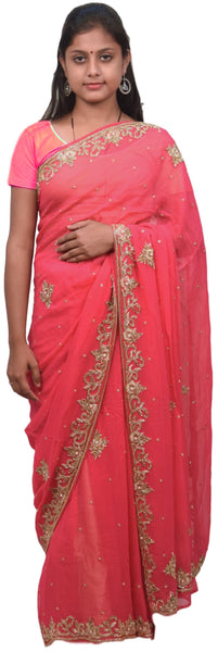 Pink Designer Georgette (Viscos) Hand Embroidery Stone Zari Thread Pearl Work Sari Saree