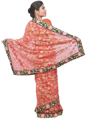 Pink Designer Net Hand Embroidery Zari Work Sari Saree With Heavy Velvet Heavy Border