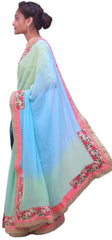 Blue Green Designer Georgette (Viscos) Hand Embroidery Stone Thread Zari Pearl Work Sari Saree