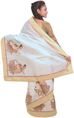 White Designer Pure Cotton Thread Embroidery Printed Sari Saree