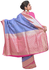 Blue & Pink Designer Bridal Hand Weaven Pure Benarasi Zari Work Saree Sari With Blouse