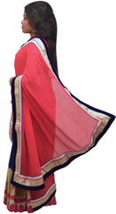 Pink Blue & Cream Designer Georgette (Viscos) Hand Embroidery Work Saree Sari
