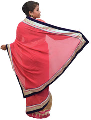Pink Blue & Cream Designer Georgette (Viscos) Hand Embroidery Work Saree Sari