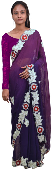 Purple Designer Georgette (Viscos) Thread Beads Pearl Stone Hand Embroidery Work Saree Sari