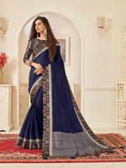 Navy Blue Jute Silk Digital Printed Border Saree Sari
