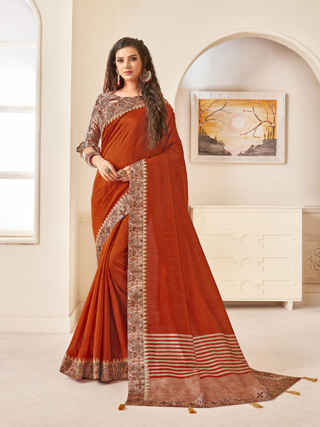 Orange Jute Silk Digital Printed Border Saree Sari