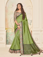 Green Jute Silk Digital Printed Border Saree Sari