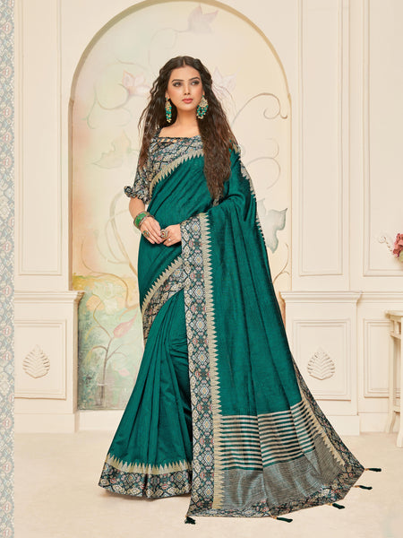 Green Jute Silk Digital Printed Border Saree Sari