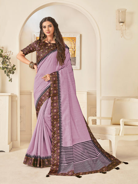 Purple Jute Silk Digital Printed Border Saree Sari