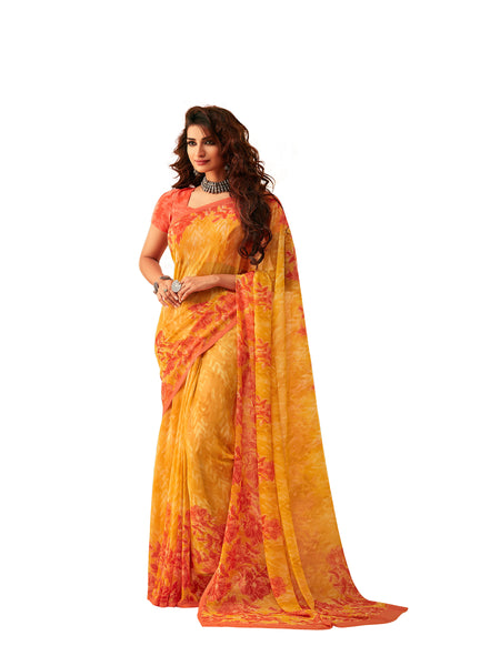 Yellow Georgette Printed Designer Saree Sari