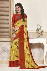 Yellow & Red Georgette Printed Designer Saree Sari