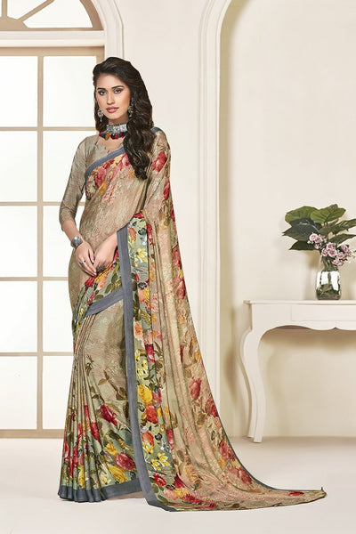 Beige Georgette Printed Designer Saree Sari