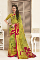 Yellow Georgette Printed Designer Saree Sari