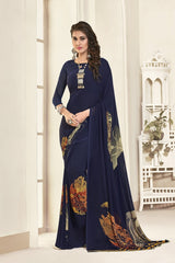 Navy Blue Georgette Printed Designer Saree Sari