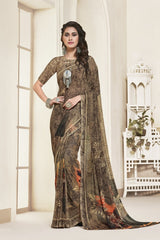 Brown Georgette Printed Designer Saree Sari