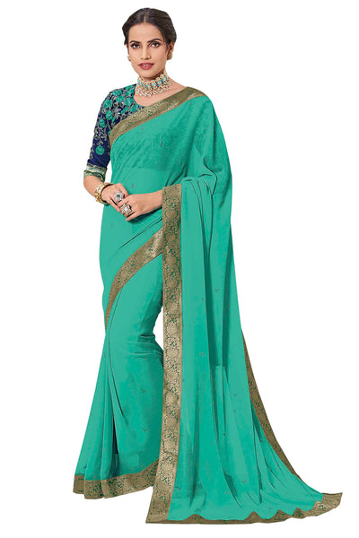 Turquoise Chiffon Embroidered Heavy Work Saree Sari