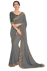 Grey Georgette Embroidered Heavy Work Jacquard Border Saree Sari