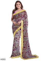 Wine Designer Wedding Partywear Georgette Zari Stone Cutdana Thread Hand Embroidery Work Bridal Saree Sari With Blouse Piece H003