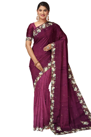 Purple Designer Wedding Partywear Silk Beads Sequence Thread Cutdana Hand Embroidery Work Bridal Saree Sari With Blouse Piece H308