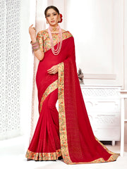 Red Poly Silk Stone Work Saree Sari
