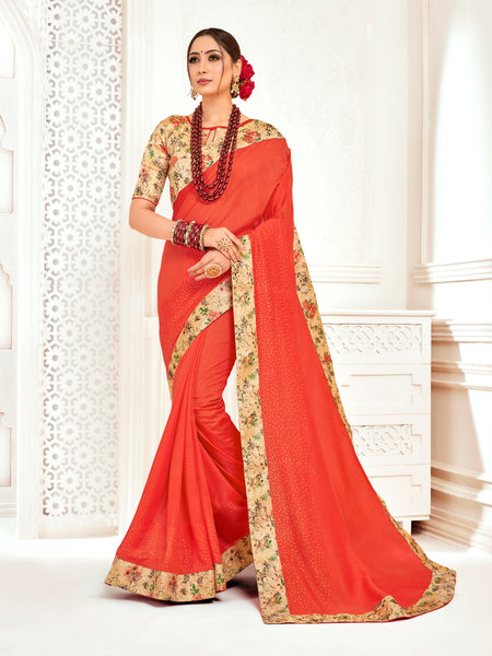 Orange Poly Silk Stone Work Saree Sari