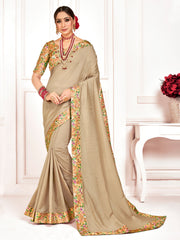 Beige Poly Silk Stone Work Saree Sari