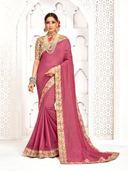 Pink Poly Silk Stone Work Saree Sari
