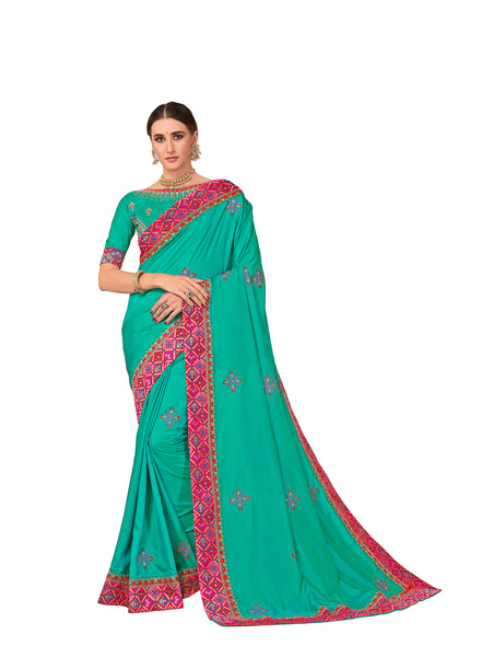Green Poly Silk Embroidered With Jacquard Border Designer Saree Sari