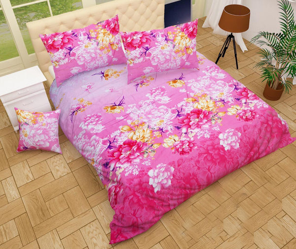 Pink Poly-Cotton Double Bed Printed Bedsheet