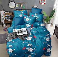 Blue Poly-Cotton Double Bed Printed Bedsheet