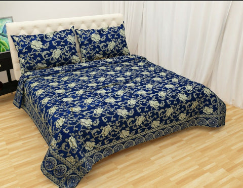 Deep Blue Glace Cotton Double Bed Bedsheet