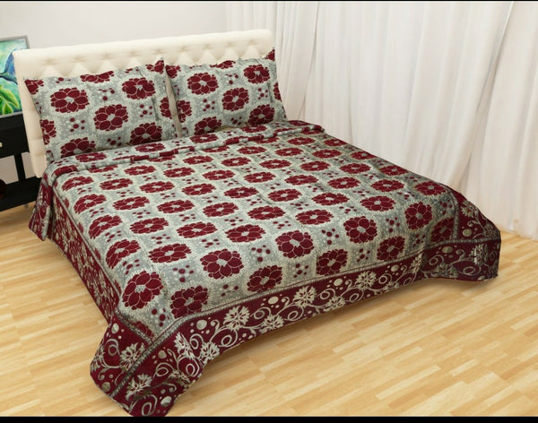 Red & Grey Glace Cotton Double Bed Bedsheet