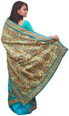 Cream & Turquoise Designer Party Wear Silk Hand Embroidery Thread Work Saree Sari E368