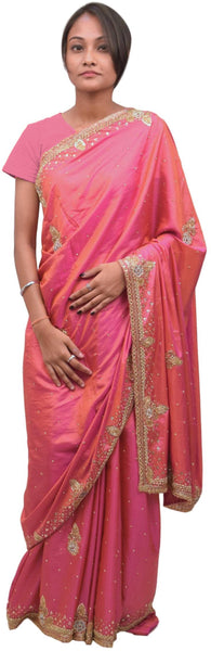 Pink Designer Wedding Partywear Silk Thread Zari Stone Cutdana Hand Embroidery Work Bridal Saree Sari E378