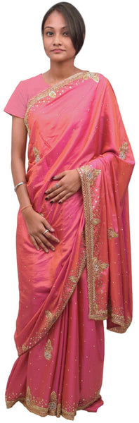 Pink Designer Wedding Partywear Silk Thread Zari Stone Cutdana Hand Embroidery Work Bridal Saree Sari E378