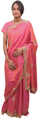 Pink Designer Wedding Partywear Silk Thread Zari Stone Cutdana Hand Embroidery Work Bridal Saree Sari E378