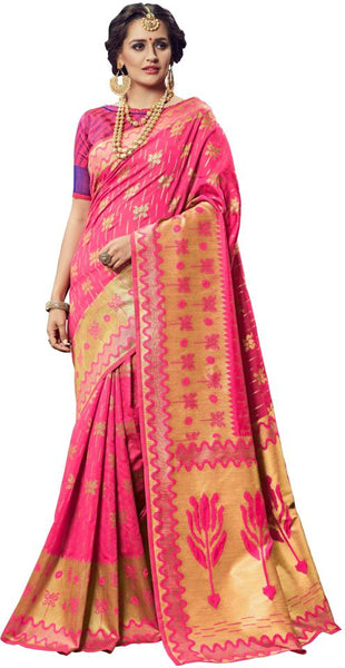 SMSAREE Pink Designer Wedding Partywear Banarasi Art Silk Hand Embroidery Work Bridal Saree Sari With Blouse Piece YNF-24276