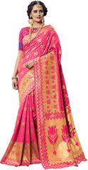 SMSAREE Pink Designer Wedding Partywear Banarasi Art Silk Hand Embroidery Work Bridal Saree Sari With Blouse Piece YNF-24276