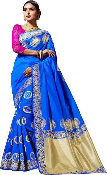 SMSAREE Blue Designer Wedding Partywear Banarasi Art Silk Hand Embroidery Work Bridal Saree Sari With Blouse Piece YNF-28460
