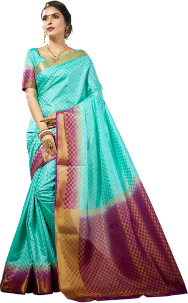 SMSAREE Turquoise Blue Designer Wedding Partywear Banarasi Art Silk Hand Embroidery Work Bridal Saree Sari With Blouse Piece YNF-28479