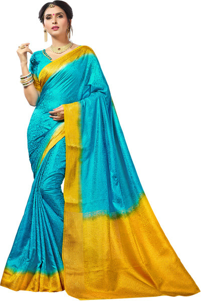 SMSAREE Turquoise Blue Designer Wedding Partywear Banarasi Art Silk Hand Embroidery Work Bridal Saree Sari With Blouse Piece YNF-28484