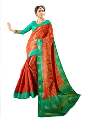 SMSAREE Red Designer Wedding Partywear Banarasi Art Silk Hand Embroidery Work Bridal Saree Sari With Blouse Piece YNF-28488