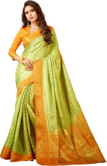 SMSAREE Lime Green Designer Wedding Partywear Banarasi Art Silk Hand Embroidery Work Bridal Saree Sari With Blouse Piece YNF-28494