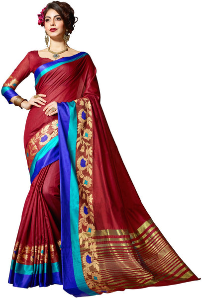 SMSAREE Maroon Designer Wedding Partywear Cotton Art Silk Hand Embroidery Work Bridal Saree Sari With Blouse Piece YNF-28505