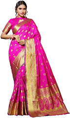 SMSAREE Pink Designer Wedding Partywear Banarasi Art Silk Hand Embroidery Work Bridal Saree Sari With Blouse Piece YNF-28518