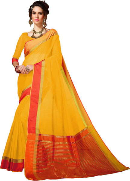 SMSAREE Yellow Designer Wedding Partywear Cotton Art Silk Hand Embroidery Work Bridal Saree Sari With Blouse Piece YNF-28660