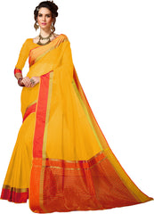 SMSAREE Yellow Designer Wedding Partywear Cotton Art Silk Hand Embroidery Work Bridal Saree Sari With Blouse Piece YNF-28660
