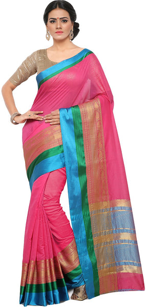 SMSAREE Pink Designer Wedding Partywear Cotton Art Silk Hand Embroidery Work Bridal Saree Sari With Blouse Piece YNF-28735